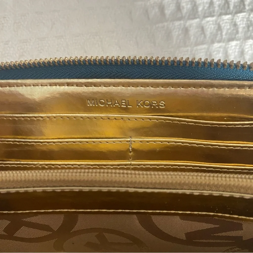 Michael Kors Teal Zip-Around Leather Wallet with Gold Plaque